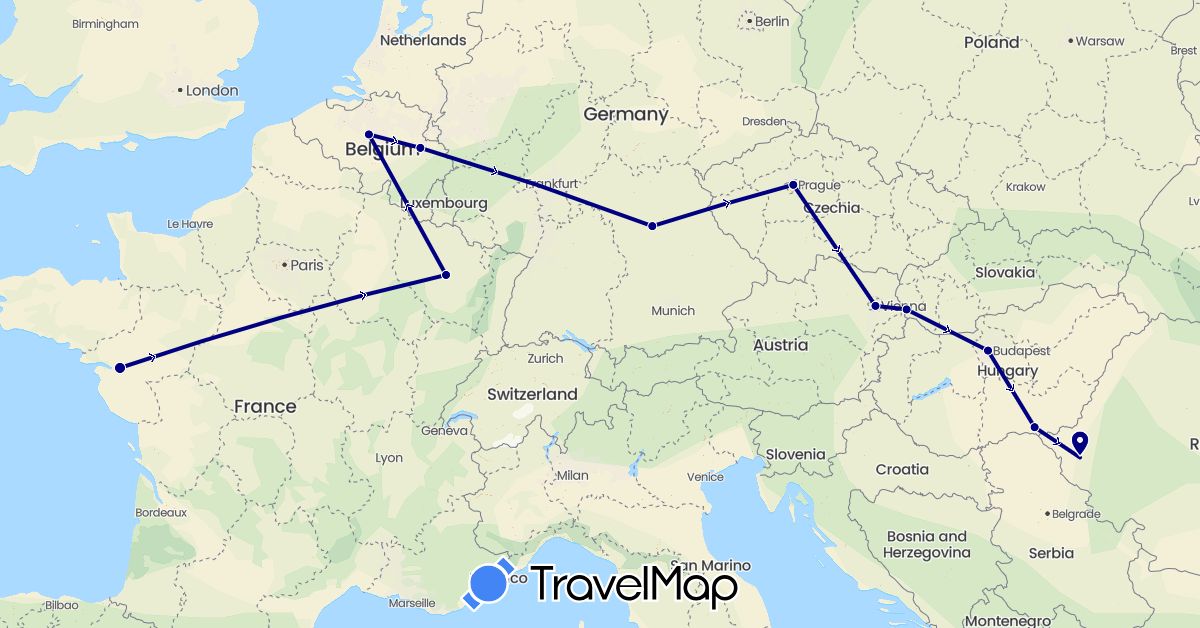 TravelMap itinerary: driving in Austria, Belgium, Czech Republic, Germany, France, Hungary, Romania, Slovakia (Europe)